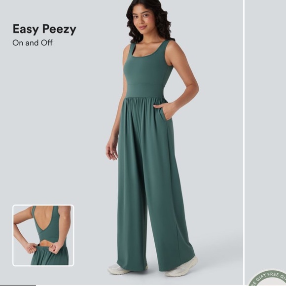 Halara Airy Wide Leg Cool Touch Yoga Jumpsuit with Pockets-Easy Peezy Teal Sz XL - Picture 3 of 14